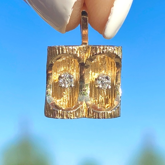 14K Real Yellow Gold Bark Finish Set with Genuine Diamonds Pendant - Picture 6 of 12